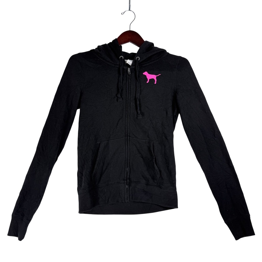 PINK Full Zip Hoodie Women Small Black Logo Graphic Y2K Athleisure Loungewear